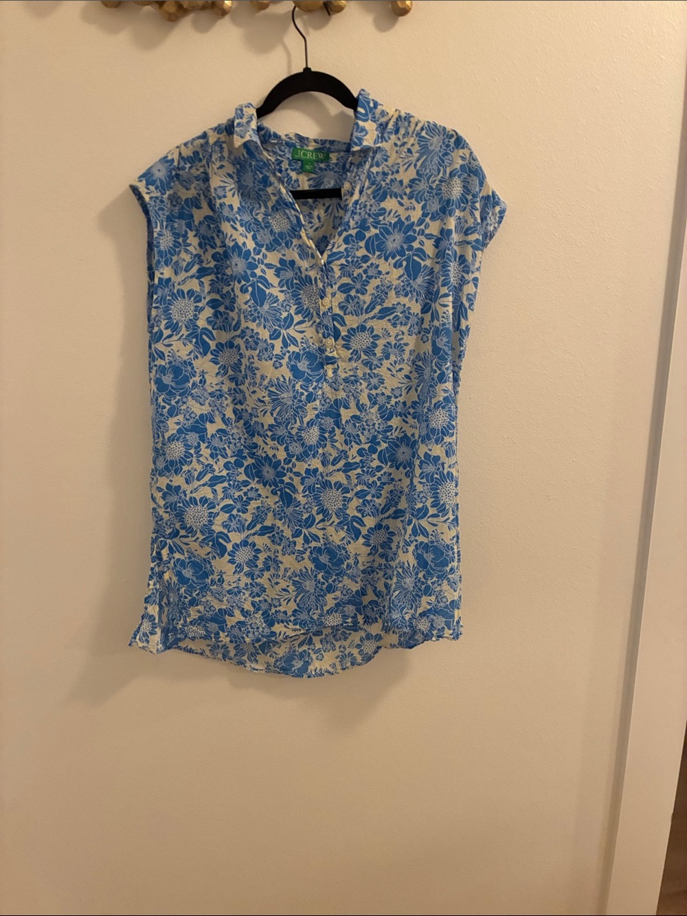 J. Crew Blue and Cream Floral Split-Neck Tunic